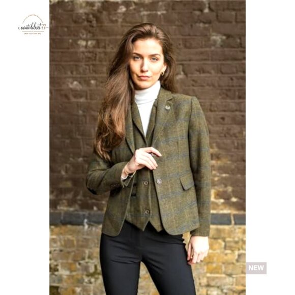 Wool Blend Blazer Tailored Fit Herringbone Checkered Jacket Formal Casual - Picture 3 of 7